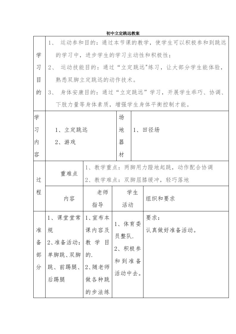 初中立定跳远教案