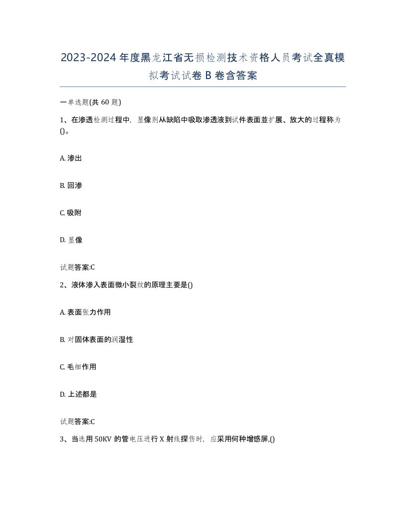 20232024年度黑龙江省无损检测技术资格人员考试全真模拟考试试卷B卷含答案