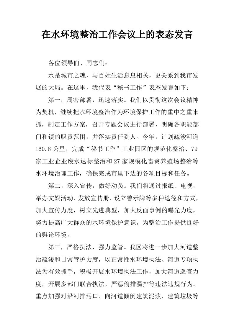 在水环境整治工作会议上的表态发言