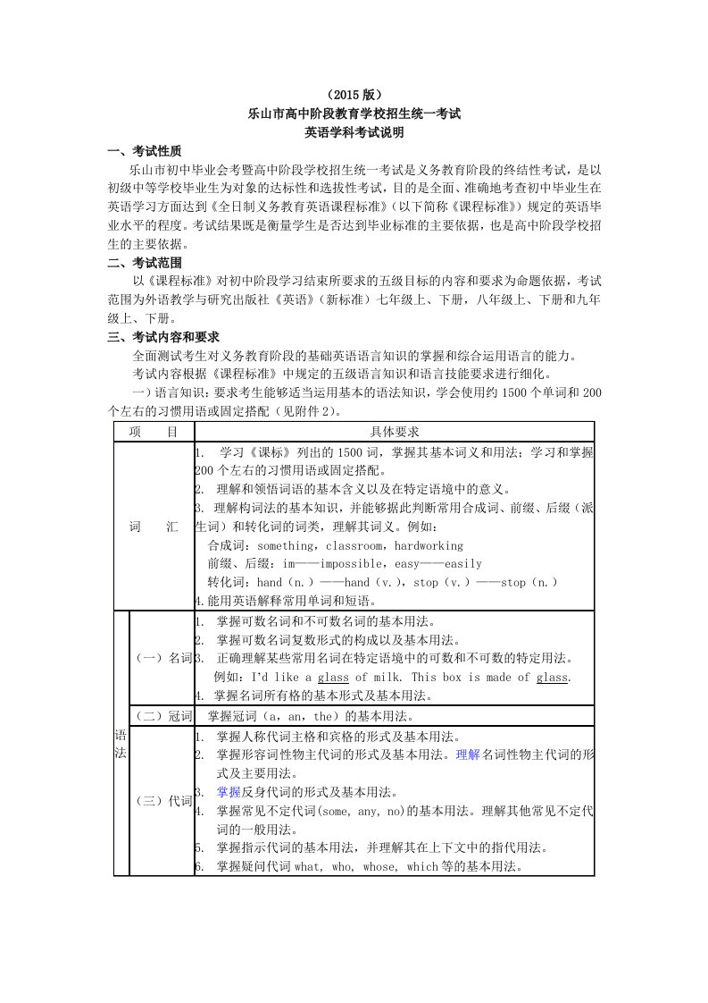 乐山市2015年中考考试说明