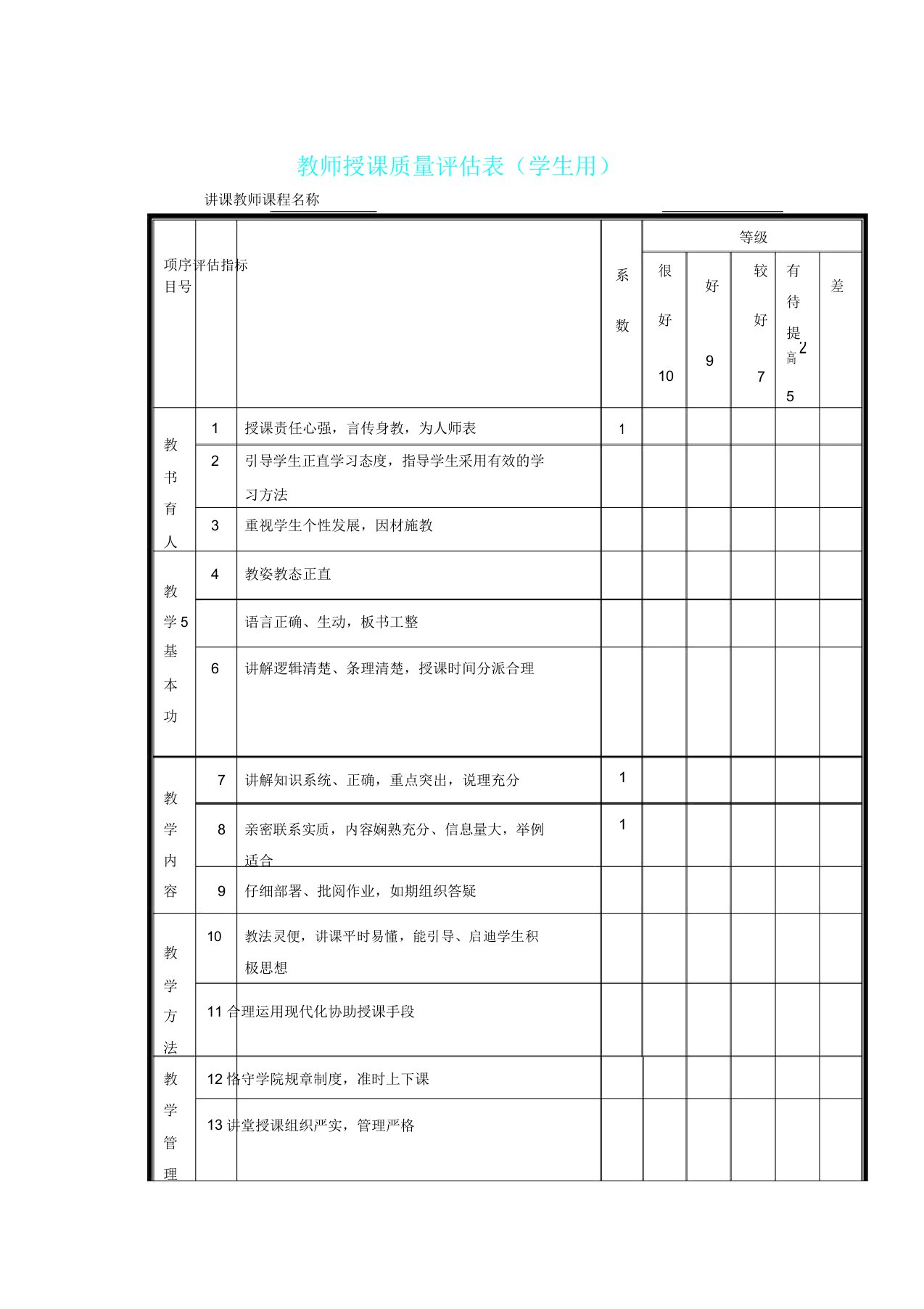 教师教学质量评估表格学生用