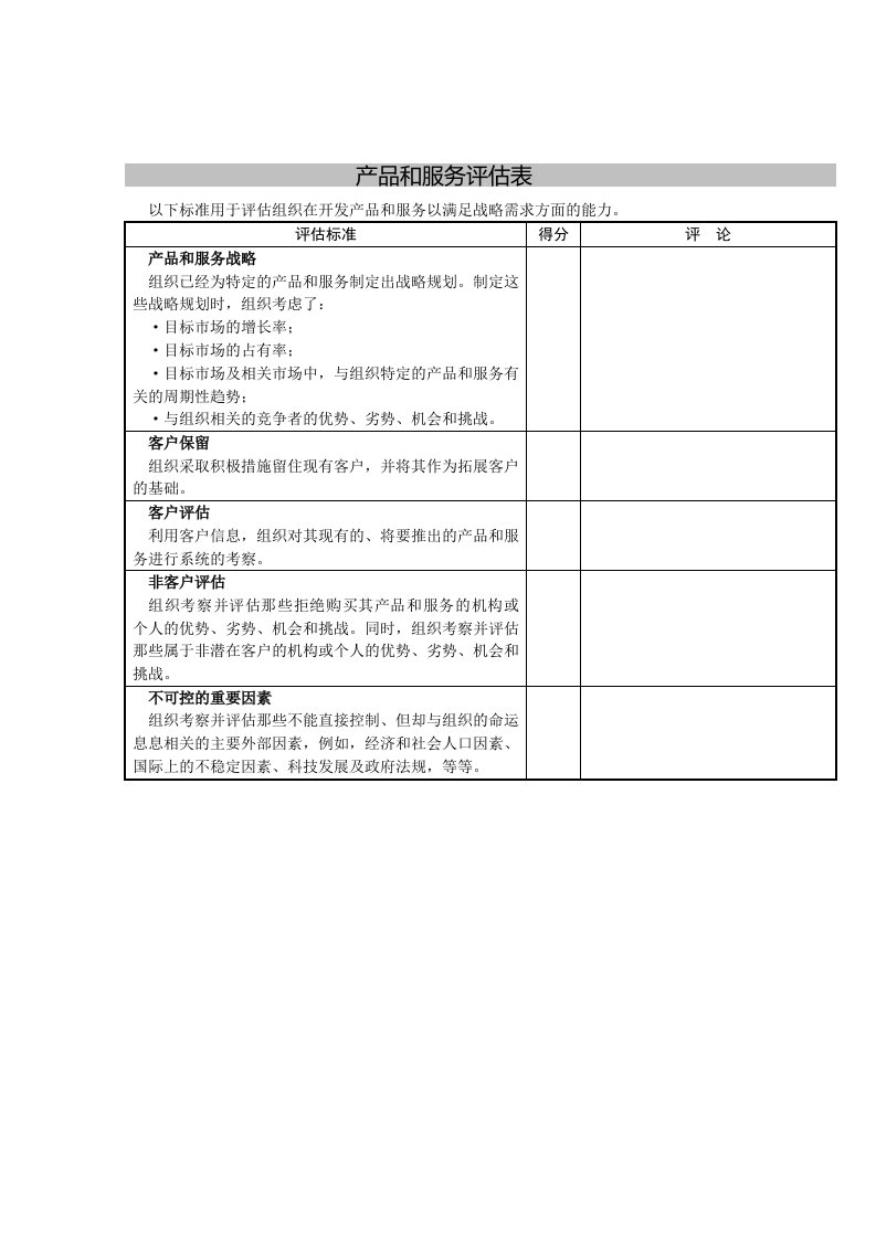 推荐-产品和服务评估表