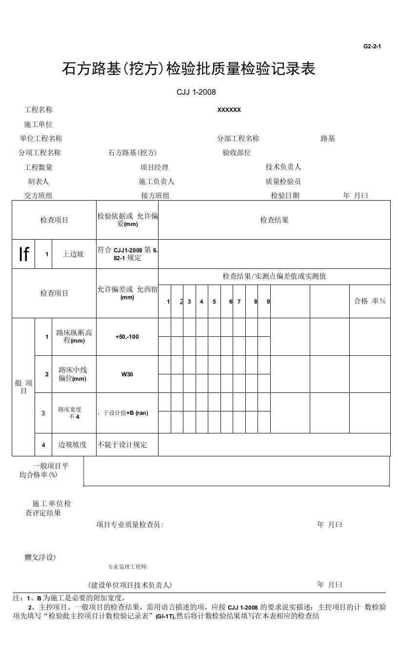 石方路基（挖方）检验批质量检验记录表（2016-7-20