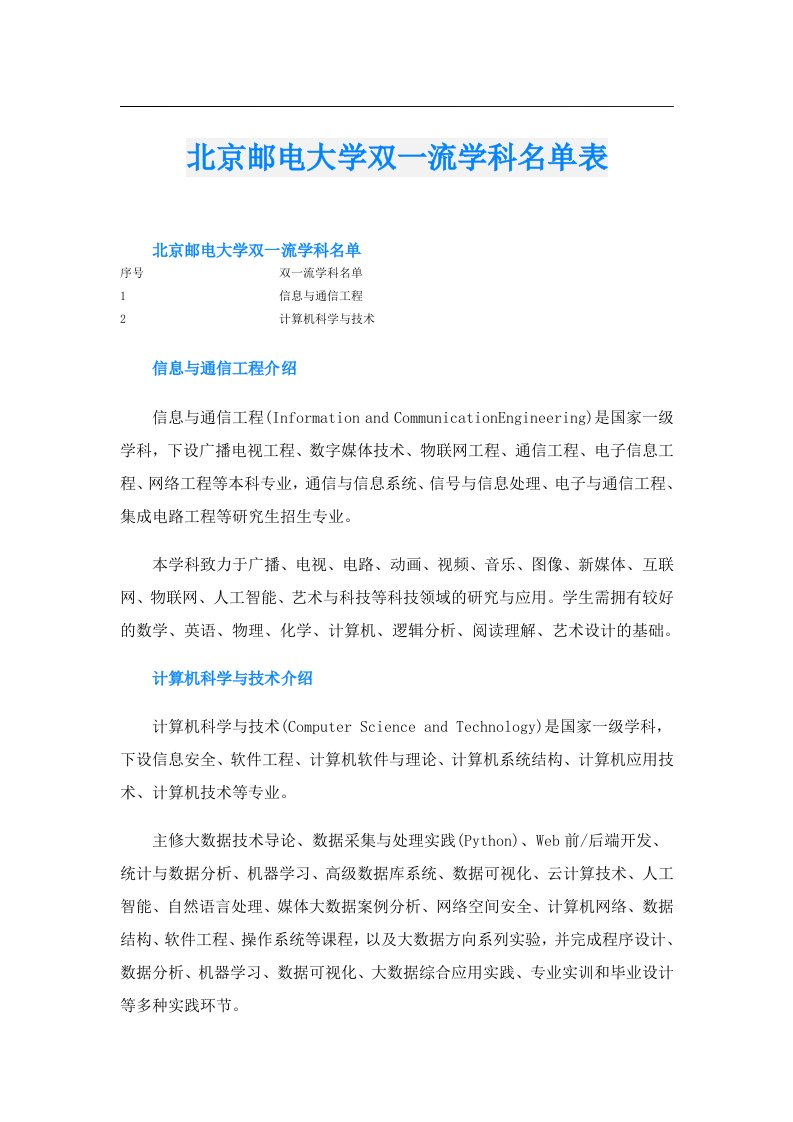 北京邮电大学双一流学科名单表