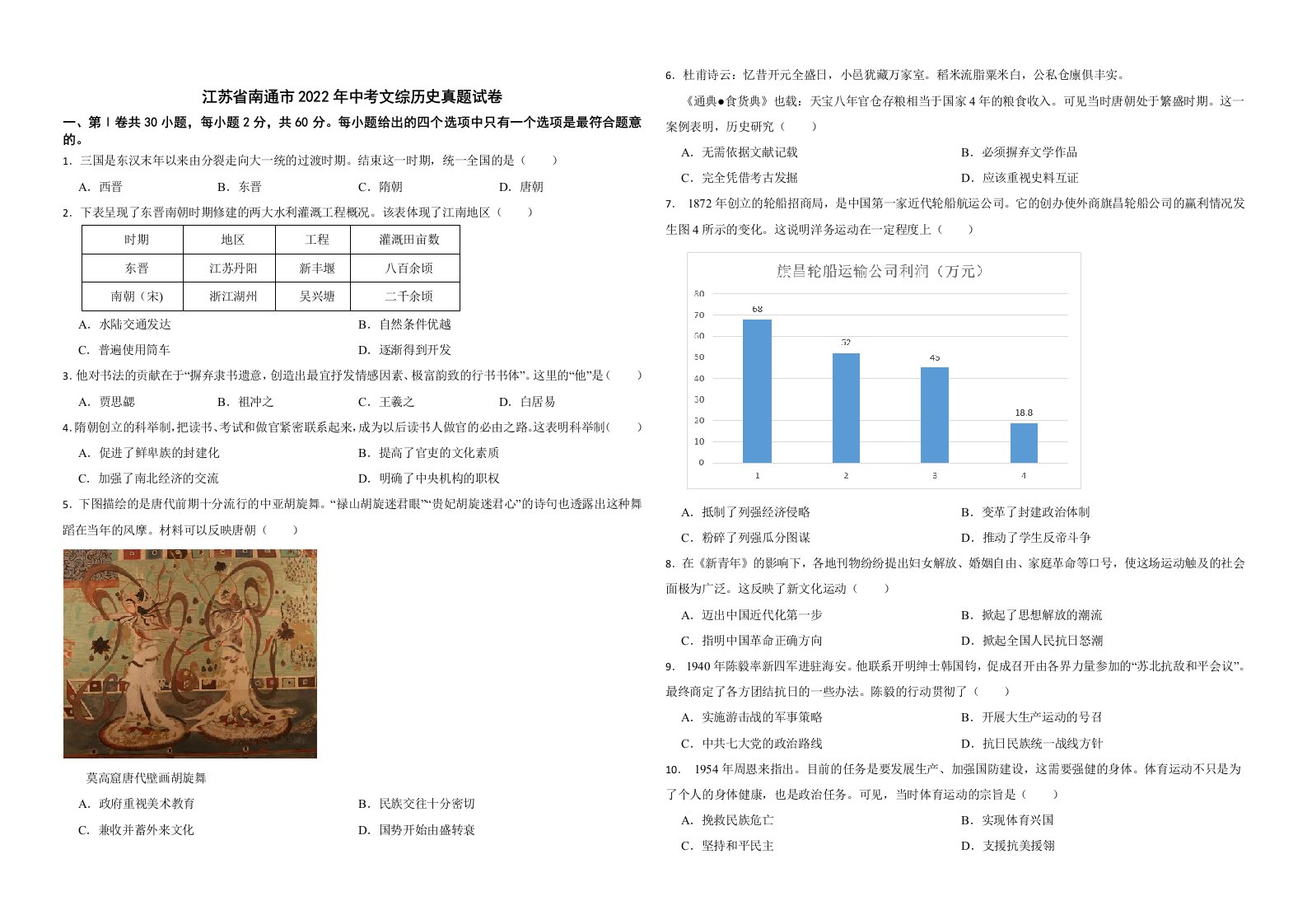 江苏省南通市2022年中考文综历史真题试卷解析版