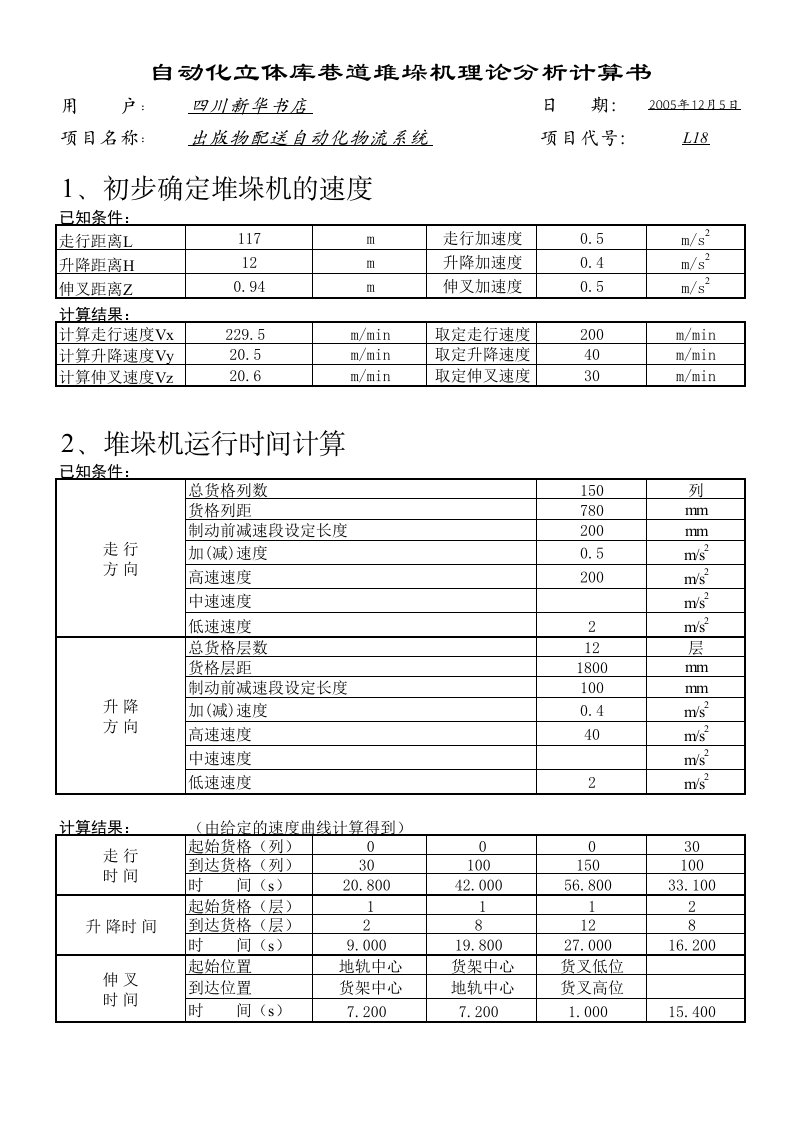 自动化立体库巷道堆垛机理论分析计算书