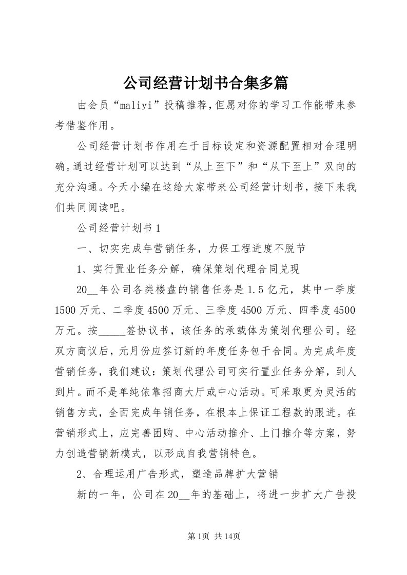 公司经营计划书合集多篇