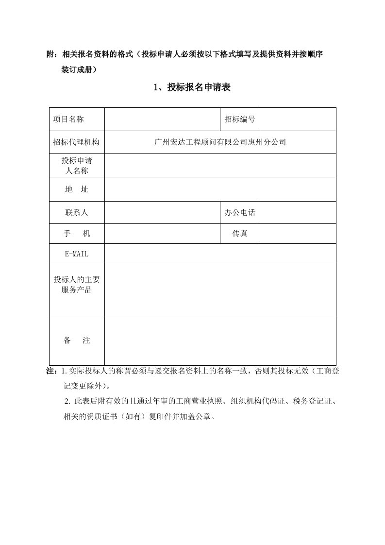 附相关报名资料的格式（投标申请人必须按以下格式填写及