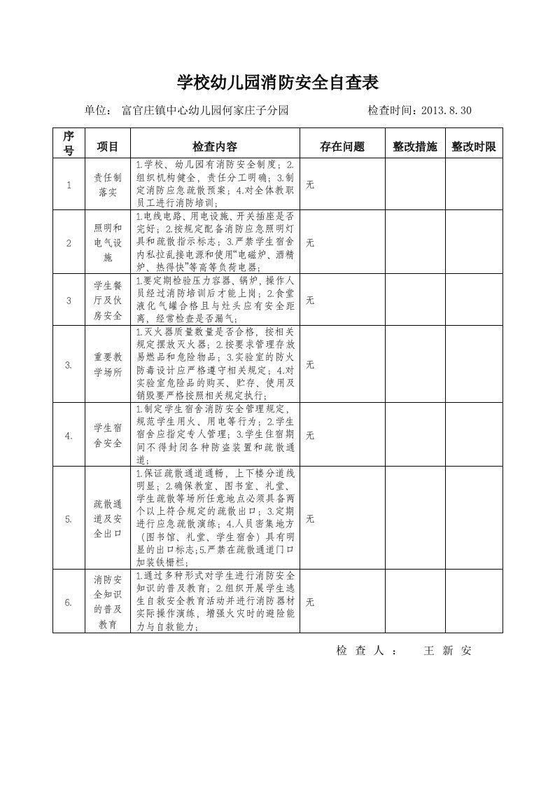 学校幼儿园消防安全自查表