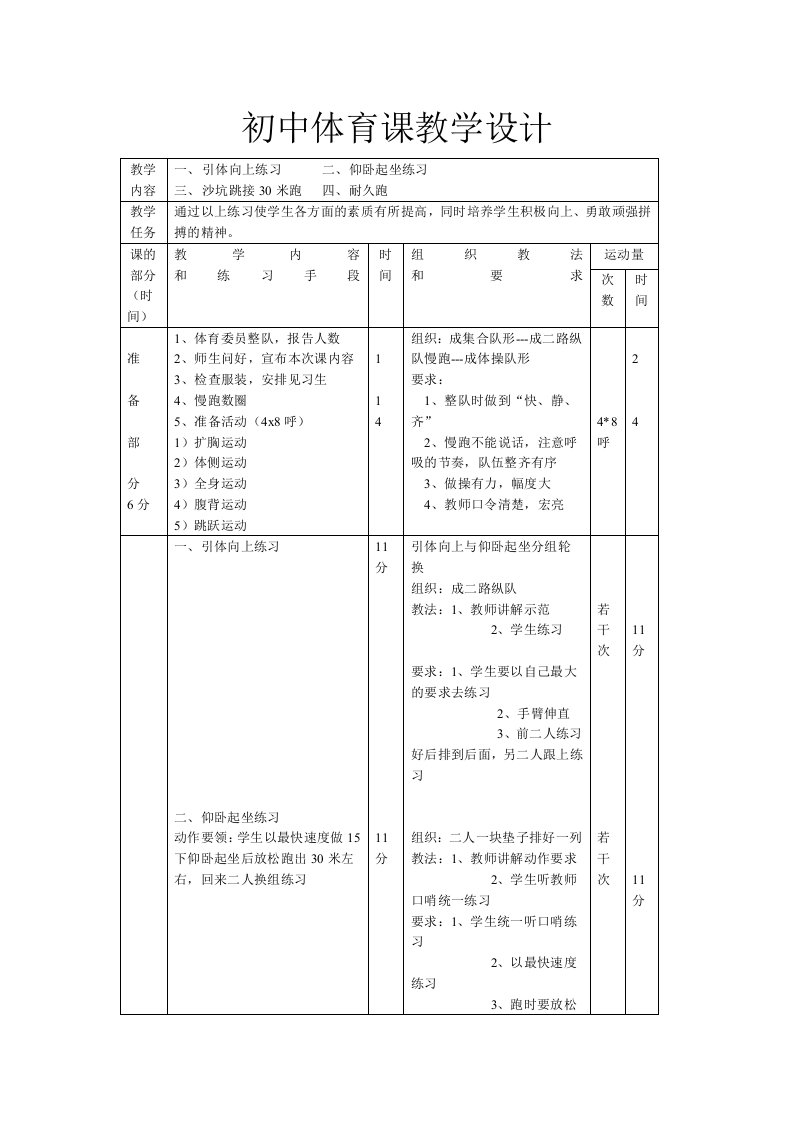 人教版初中体育引体向上等项目教学设计