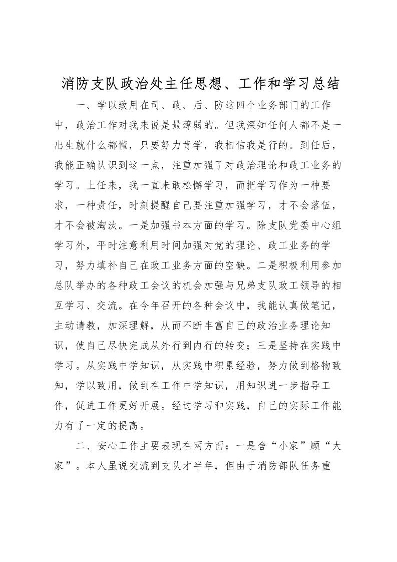 2022消防支队政治处主任思想工作和学习总结