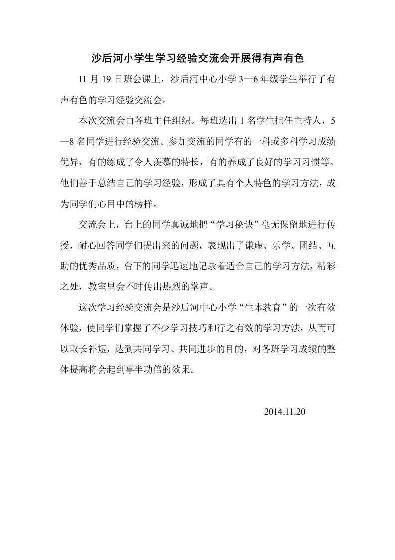 沙后河小学生学习经验交流会开展得有声有色