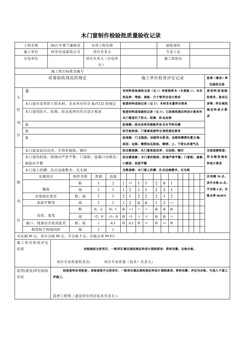 木门窗制作检验批质量验收记录