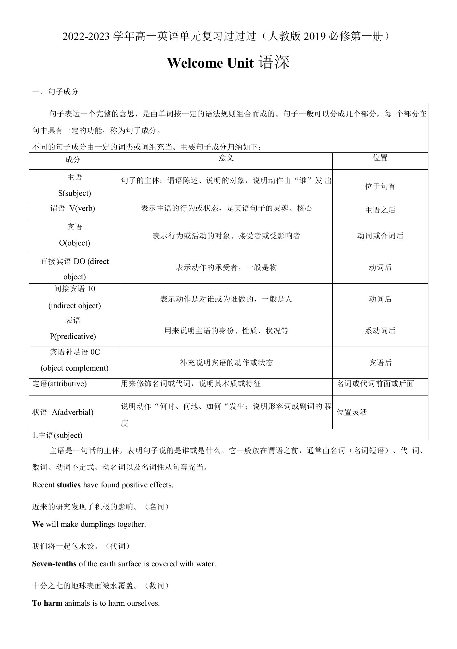 2022-2023学年高一英语单元复习人教版2019必修一2