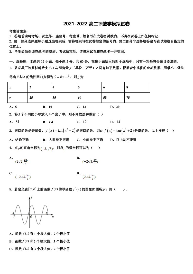 2022届黑龙江省齐齐哈尔市普通高中联谊校数学高二第二学期期末学业质量监测模拟试题含解析