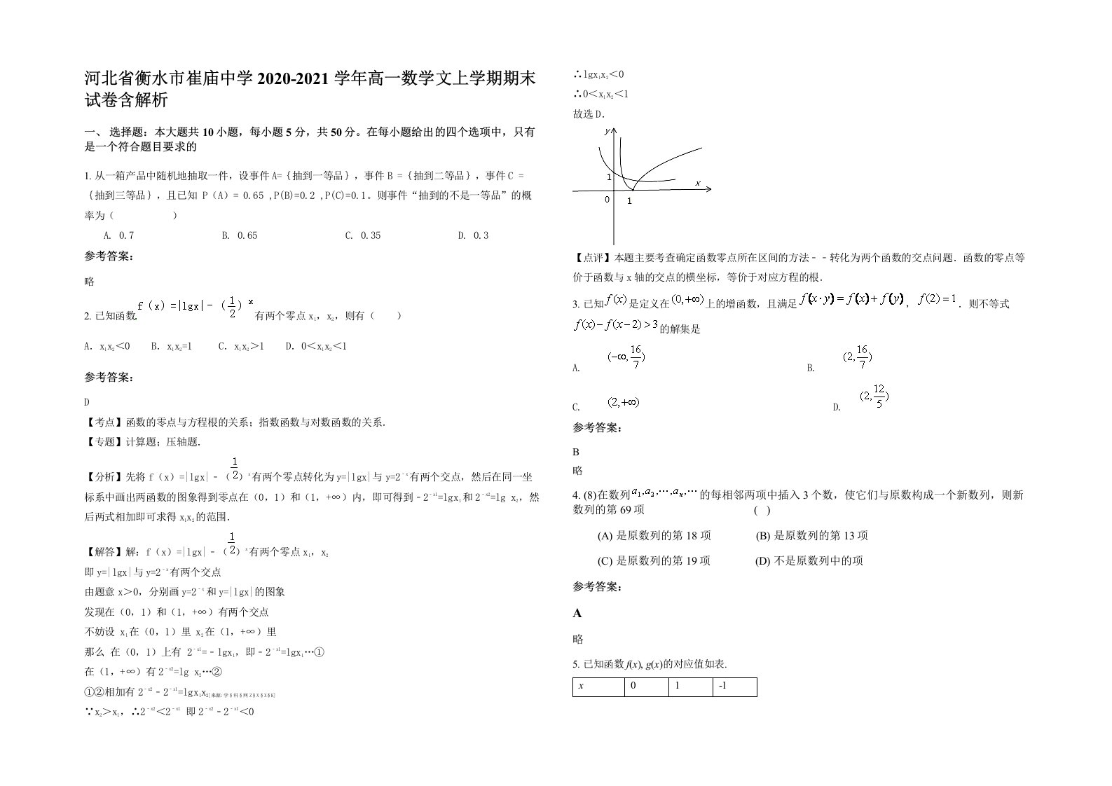 河北省衡水市崔庙中学2020-2021学年高一数学文上学期期末试卷含解析