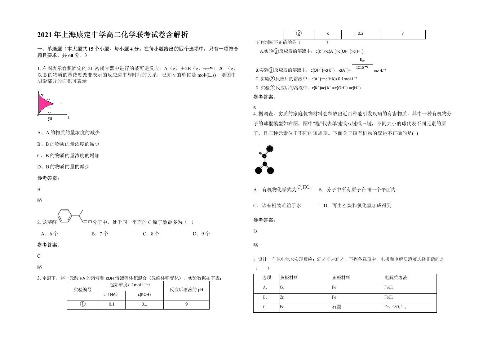 2021年上海康定中学高二化学联考试卷含解析