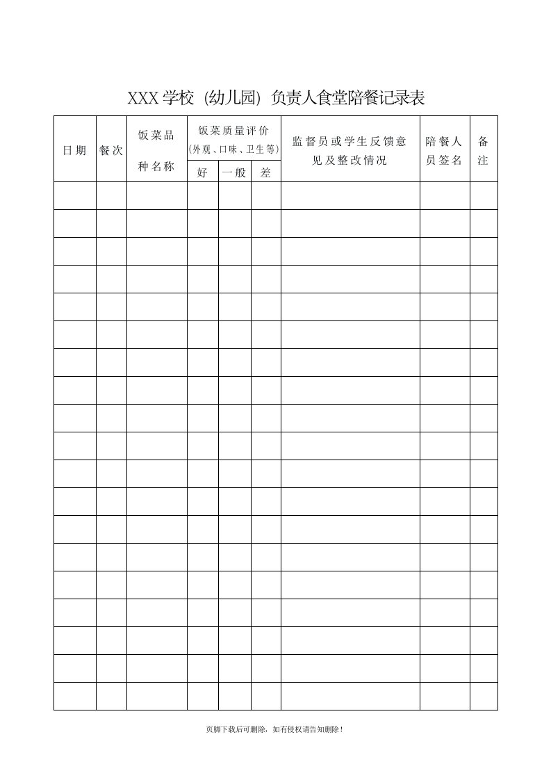 学校(幼儿园)负责人食堂陪餐记录表