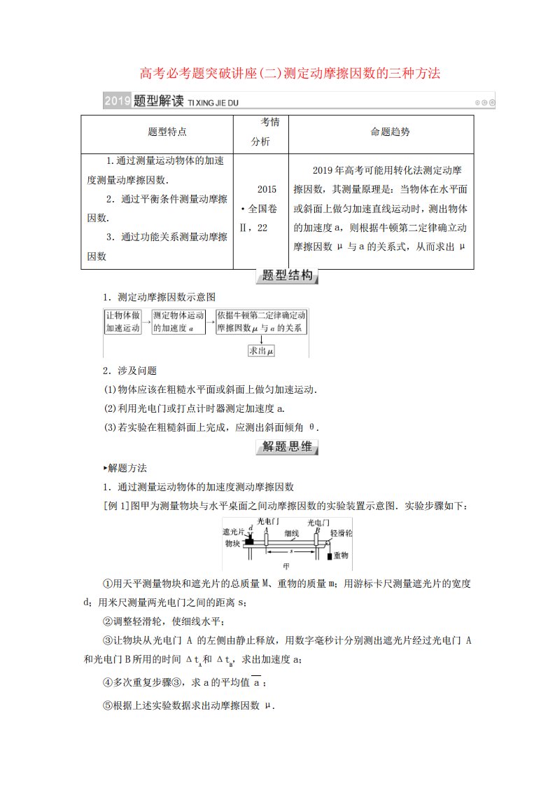 2019版高考物理一轮复习培优计划高考必考题突破讲座(2)测定动摩擦因数的三种方法学案