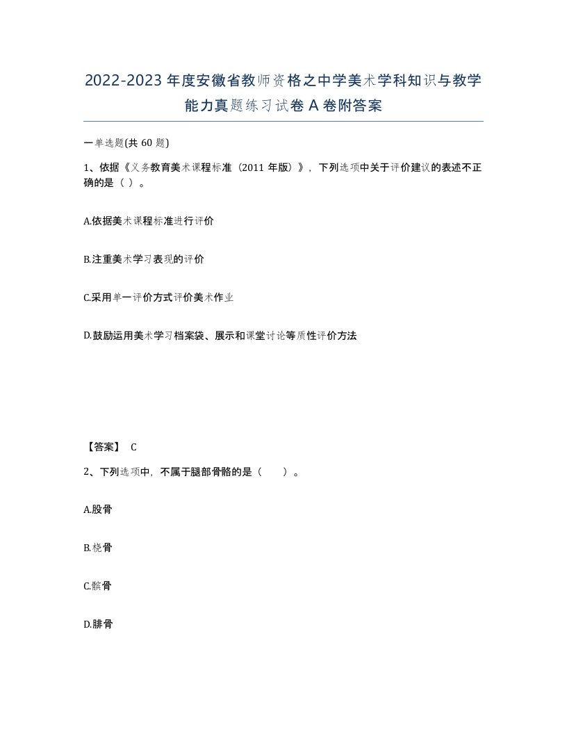 2022-2023年度安徽省教师资格之中学美术学科知识与教学能力真题练习试卷A卷附答案