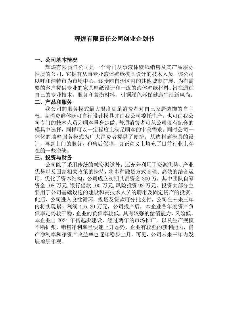 液体壁纸销售及其产品服务公司创业企划书