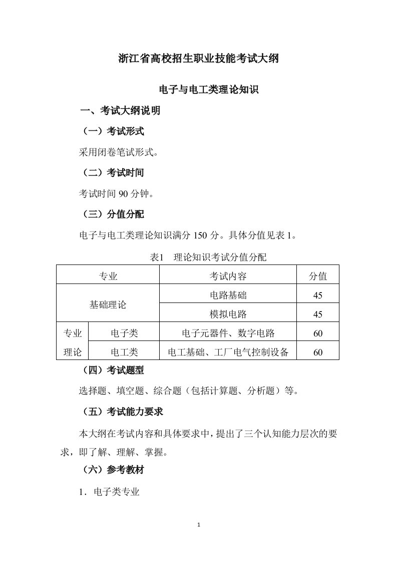 浙江省高校招生职业技能考试大纲-电子与电工类