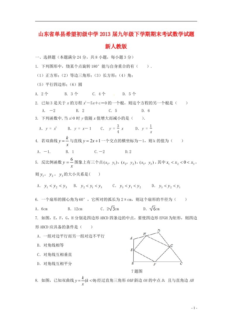 山东省单县希望初级中学2013届九年级数学下学期期末考试试题新人教版