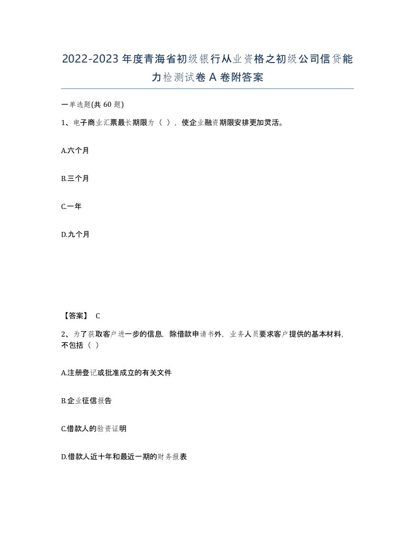 2022-2023年度青海省初级银行从业资格之初级公司信贷能力检测试卷A卷附答案