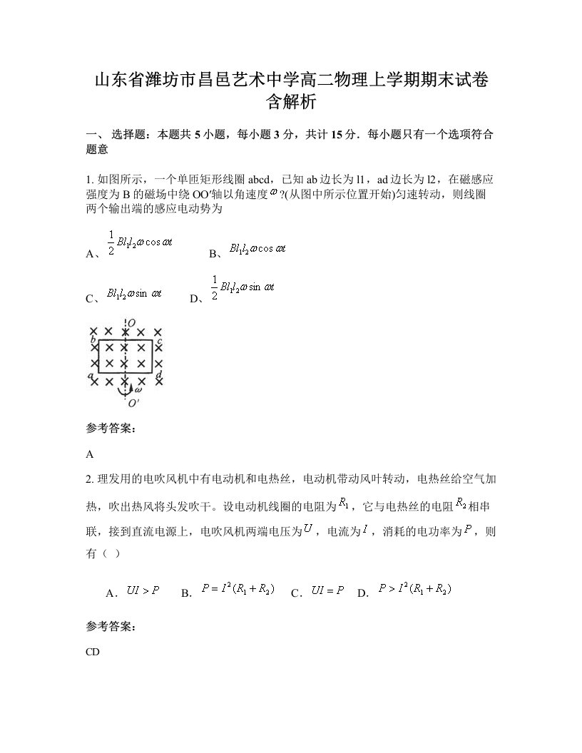 山东省潍坊市昌邑艺术中学高二物理上学期期末试卷含解析