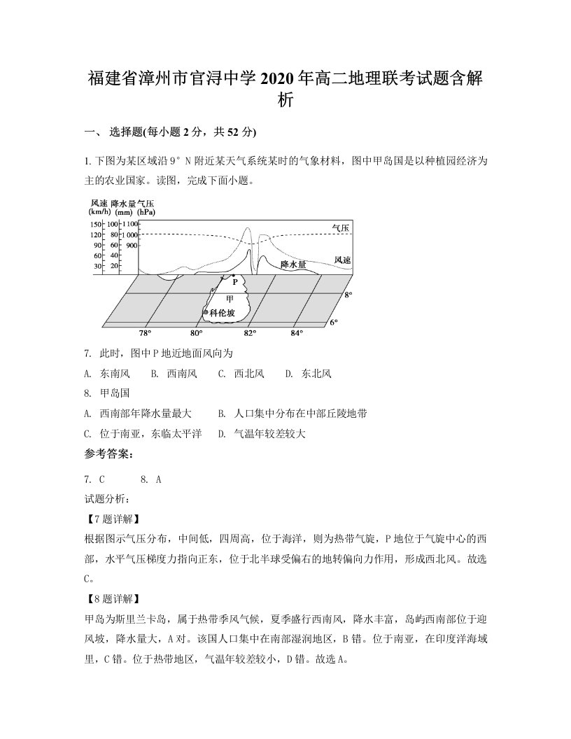 福建省漳州市官浔中学2020年高二地理联考试题含解析