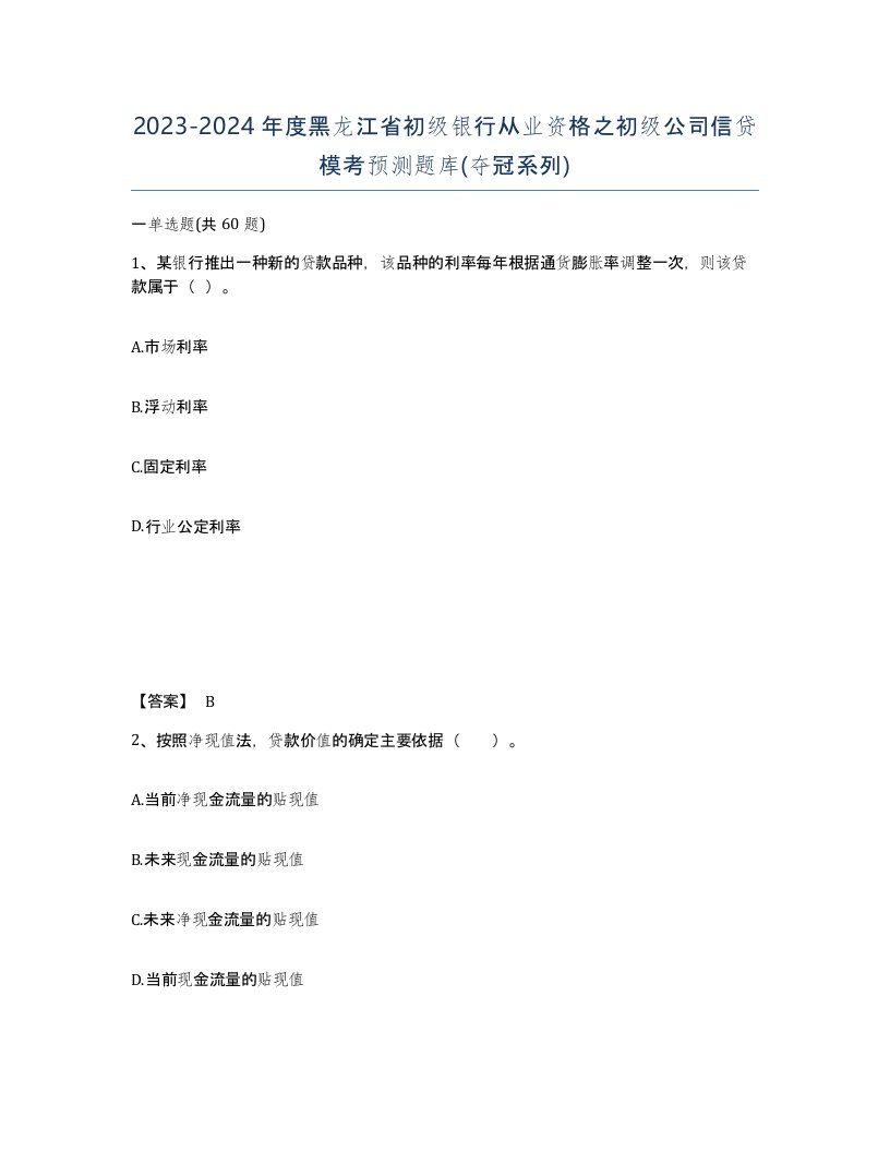 2023-2024年度黑龙江省初级银行从业资格之初级公司信贷模考预测题库夺冠系列