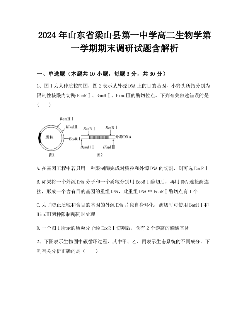 2024年山东省梁山县第一中学高二生物学第一学期期末调研试题含解析