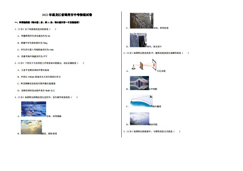 2022年黑龙江省鹤岗市中考物理试卷附真题解析