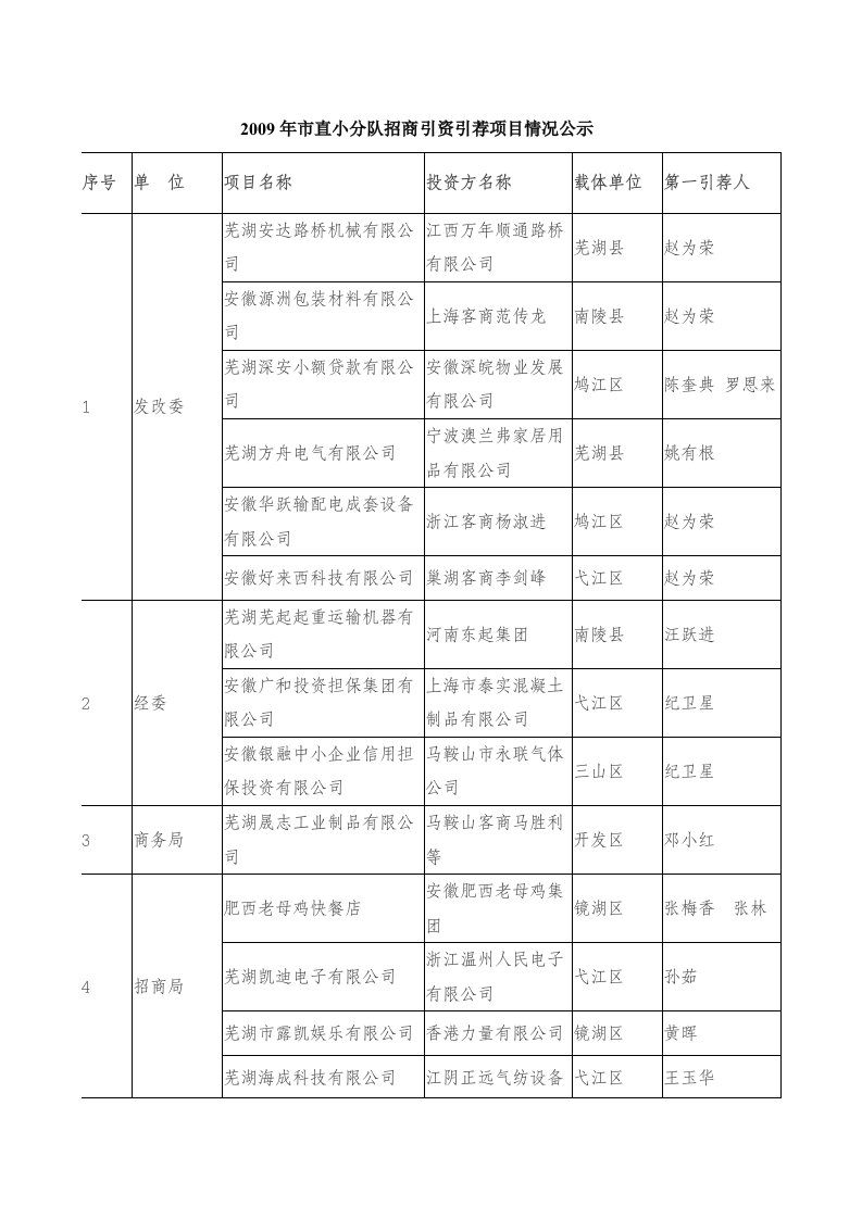 2009年芜湖市直机关小分队招商引资引荐项目情况表