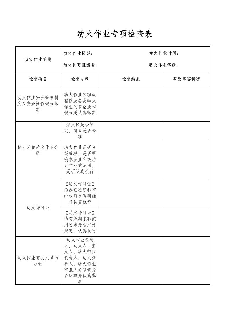 气瓶管理及动火作业检查表