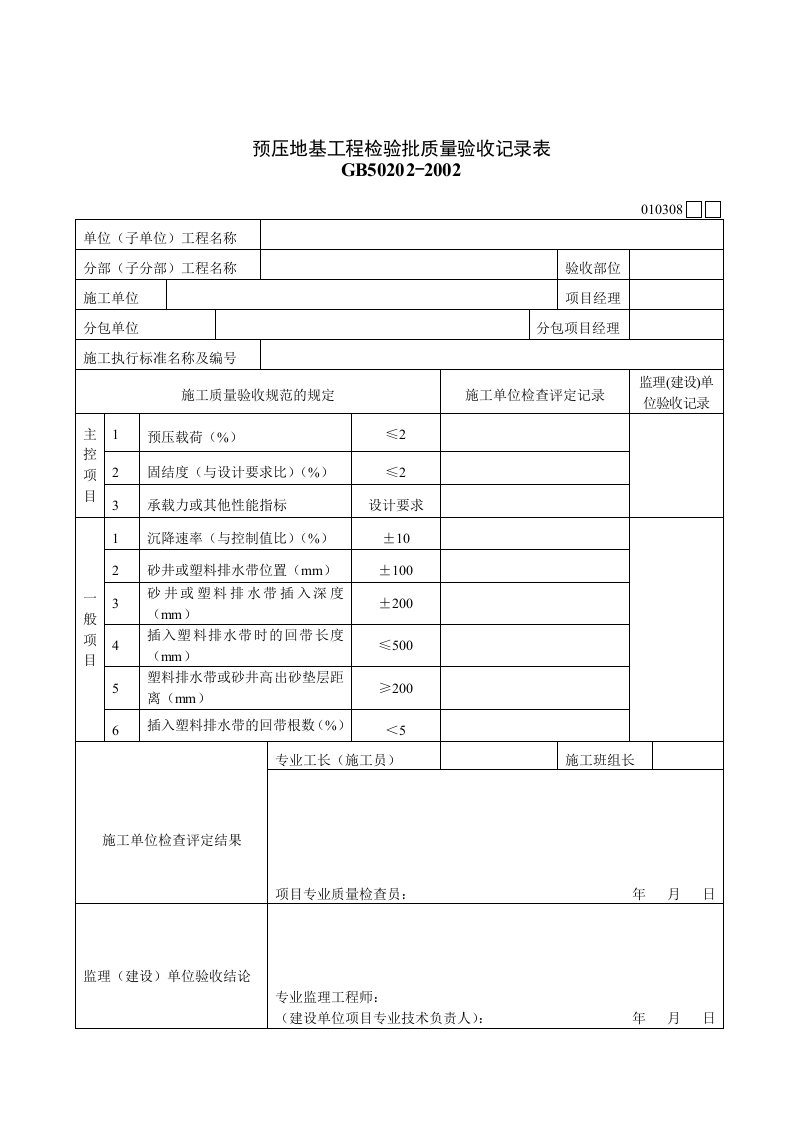 建筑行业预压地基工程检验批质量验收记录表