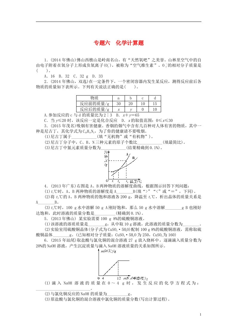 云南省中考化学专题复习六