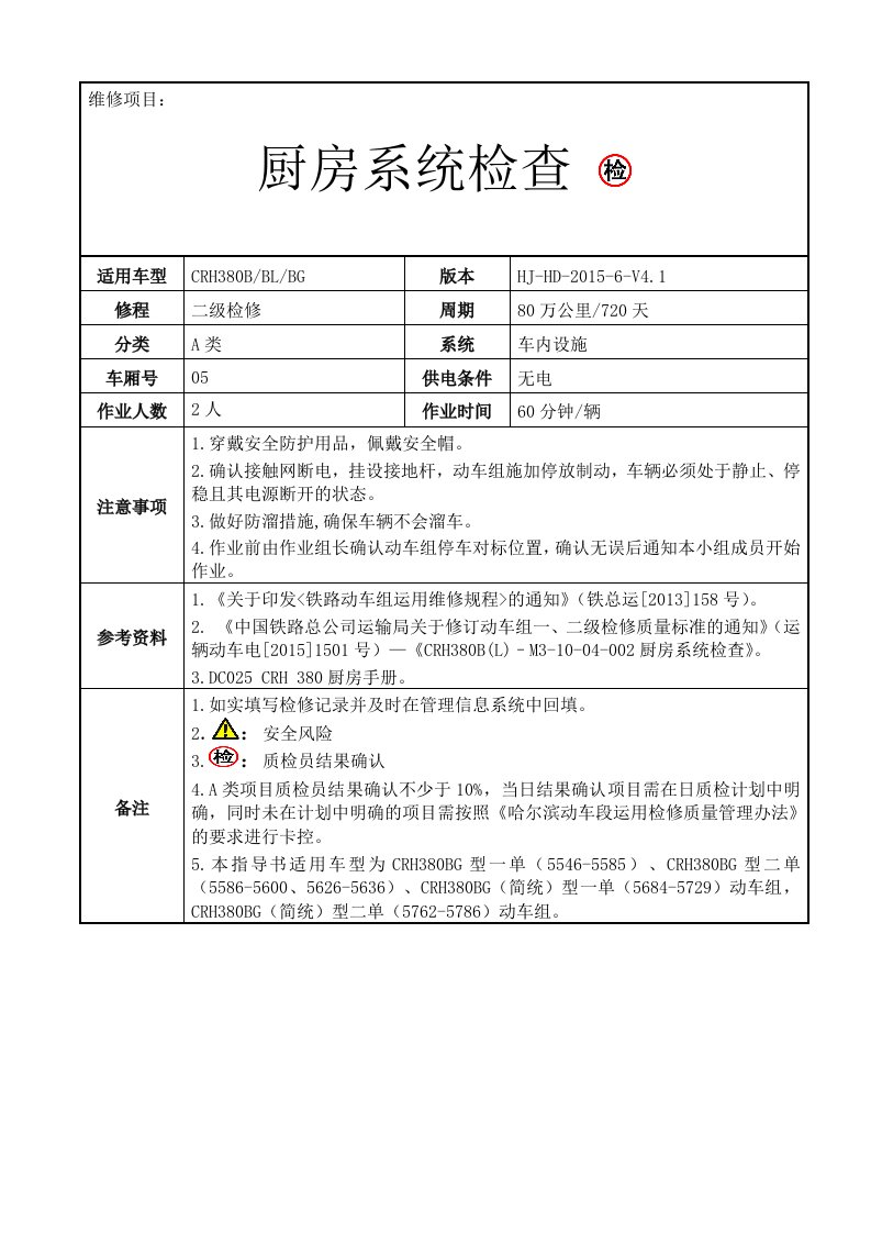 铁路动车组作业指导书crh380blm31004002厨房系统检查