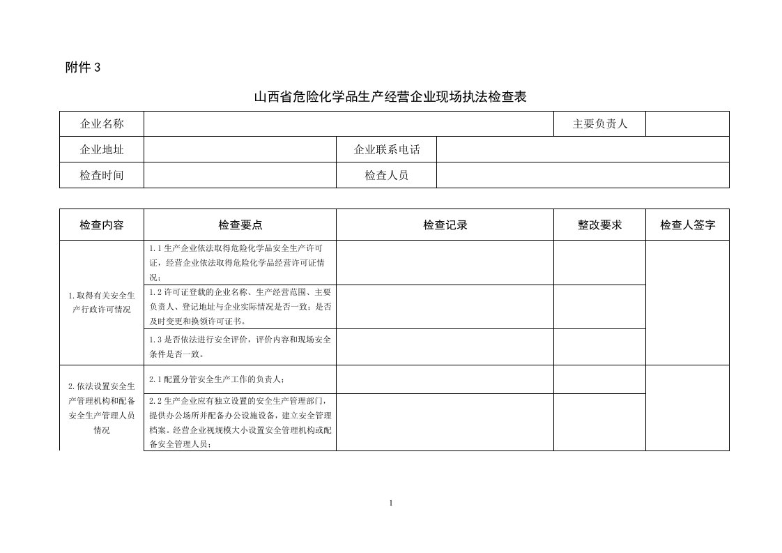 山西省危险化学品生产经营企业现场执法检查表