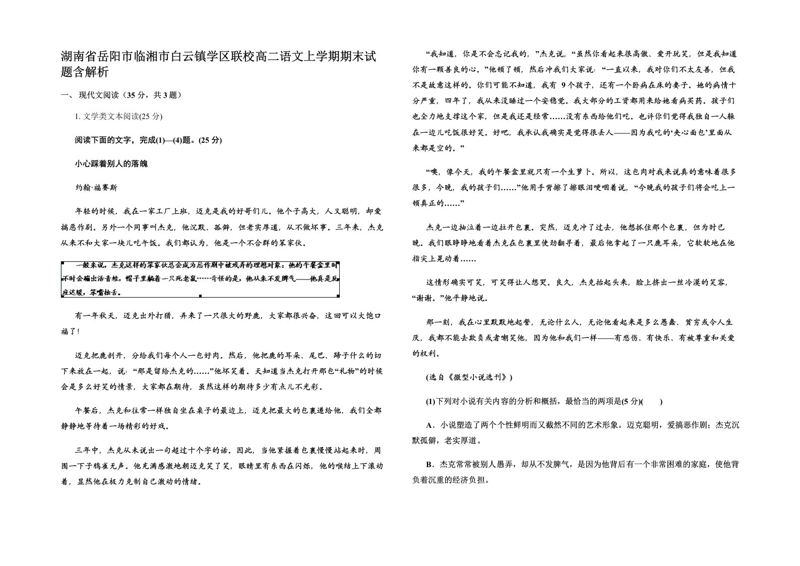 湖南省岳阳市临湘市白云镇学区联校高二语文上学期期末试题含解析