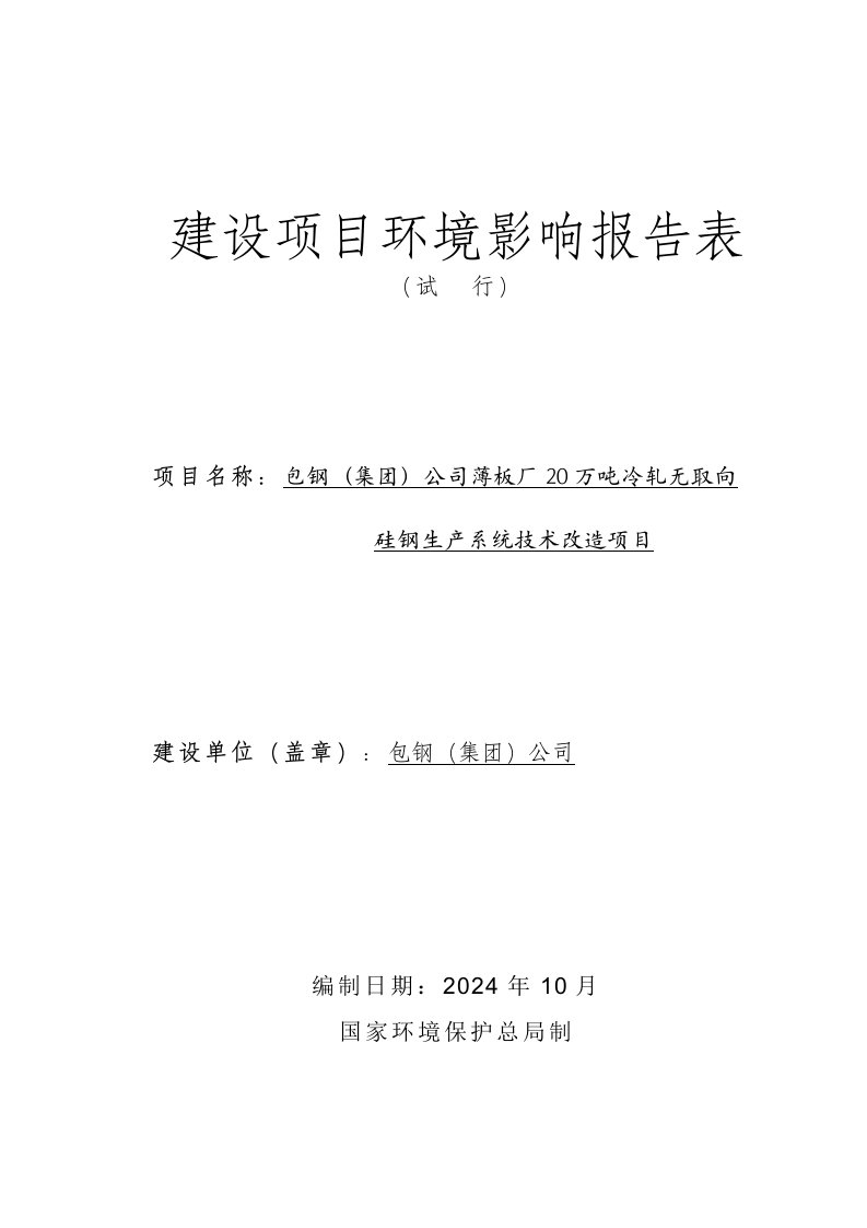 包钢集公司薄板厂20万吨冷轧无取向硅钢生产线技术改造项目报告表