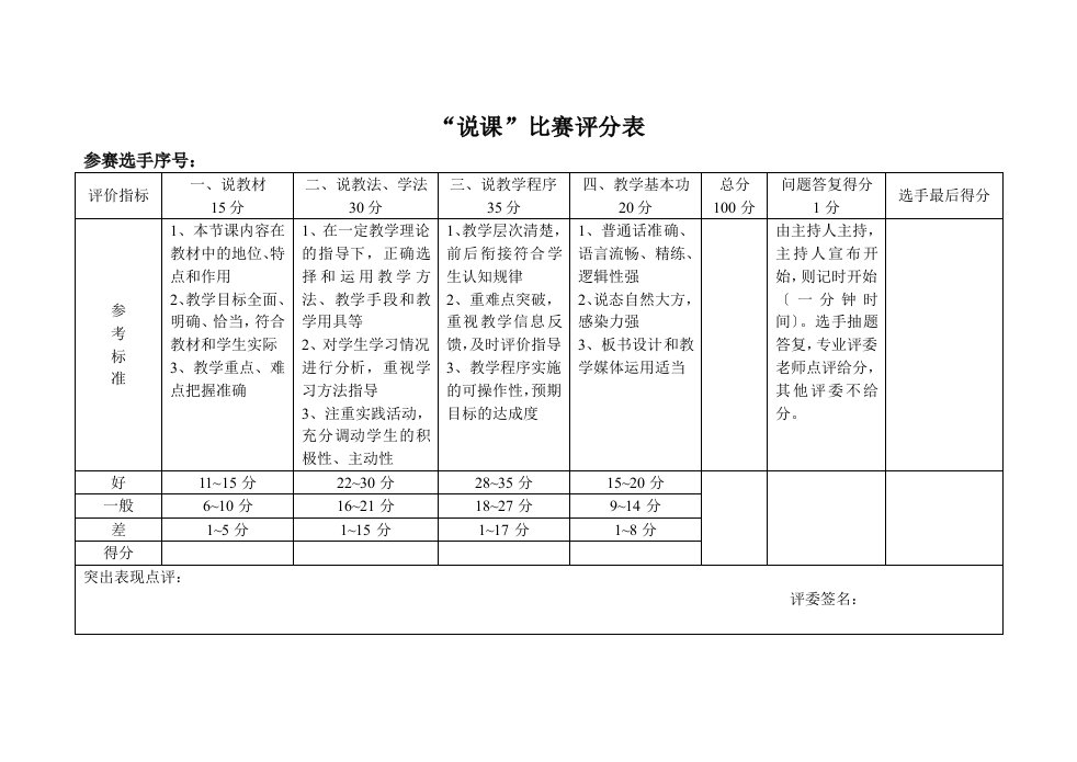 说课比赛评分标准表