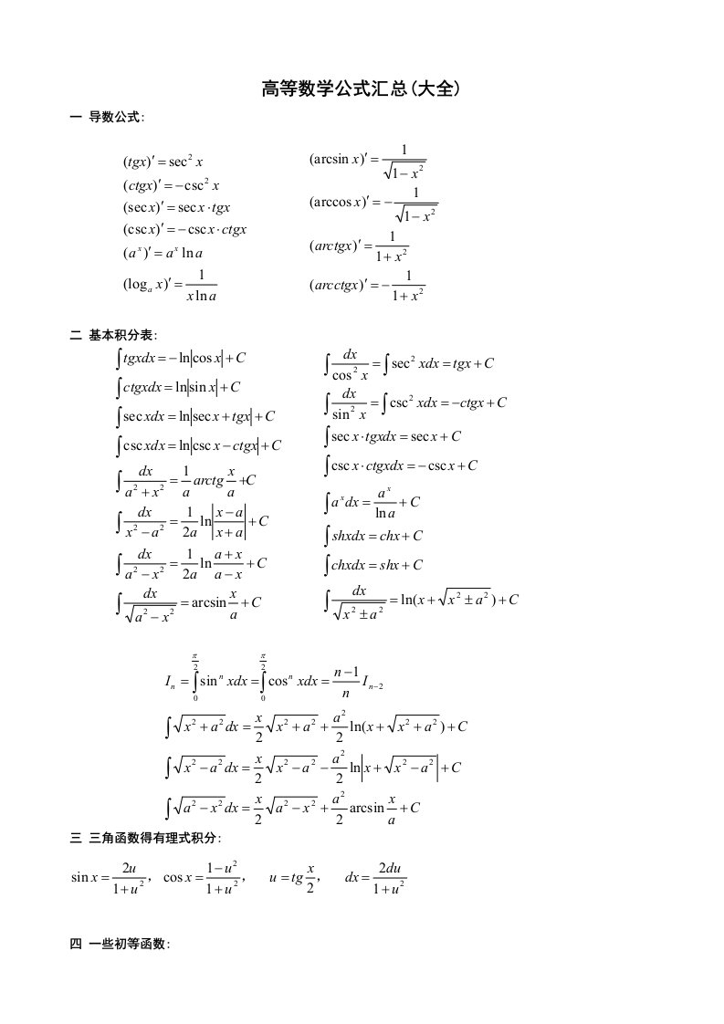 高等数学公式汇总(大全)