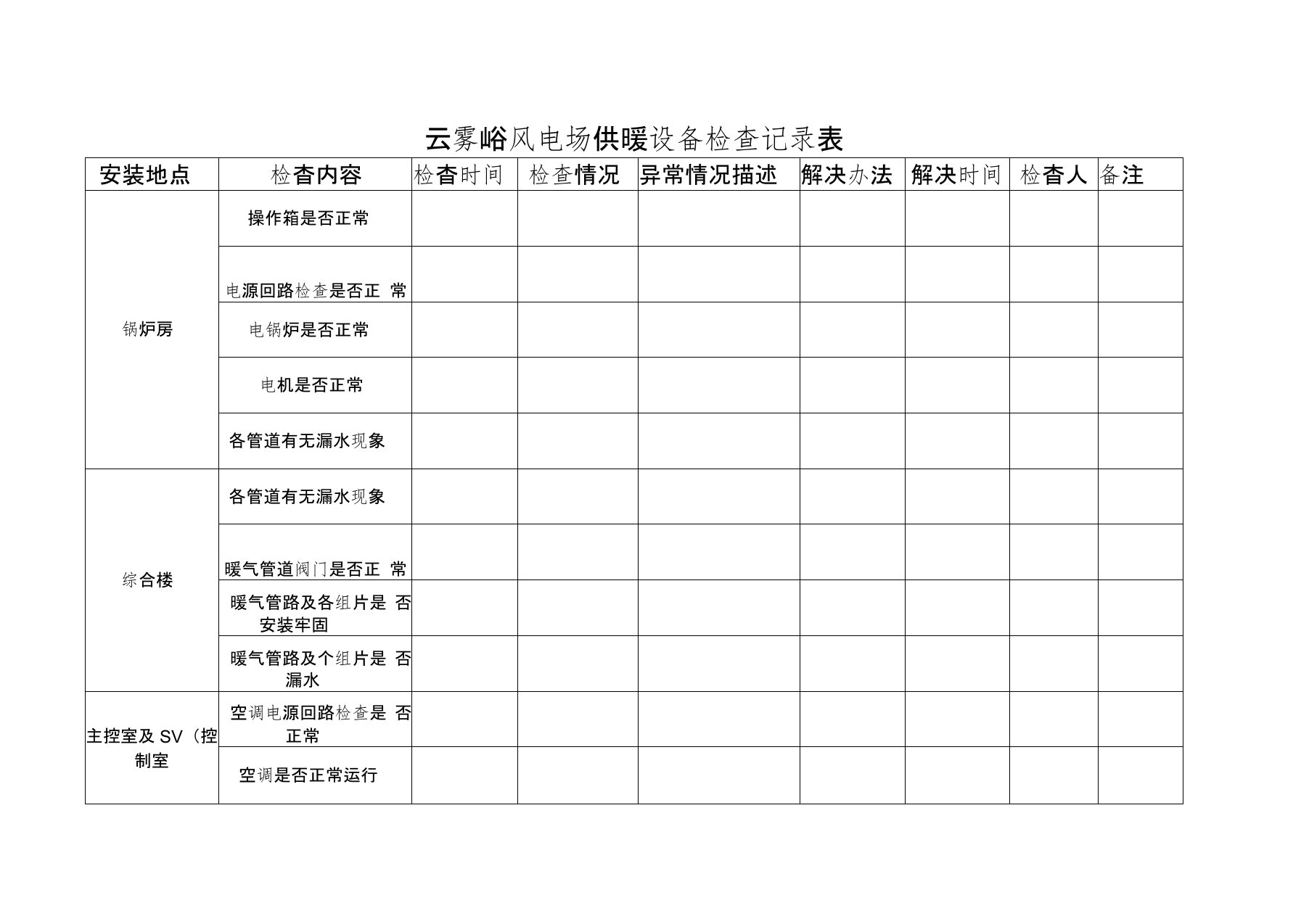 供暖设备检查记录表