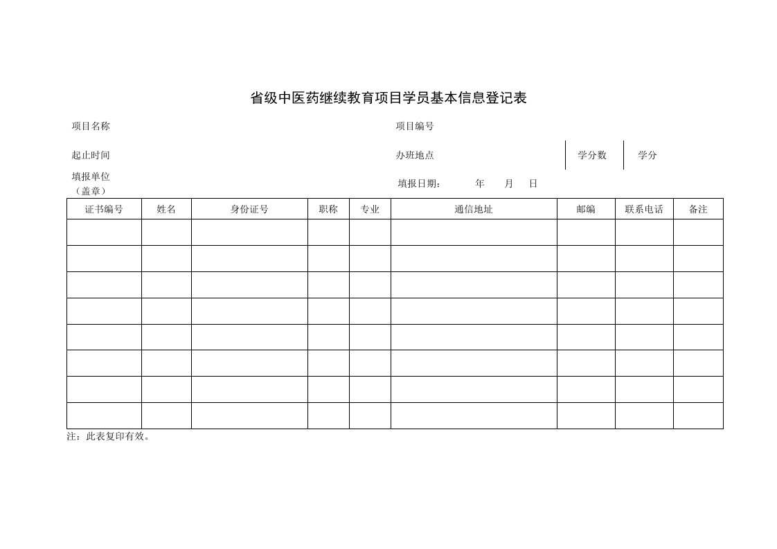 国家级中医药继续教育项目学员基本信息登记表