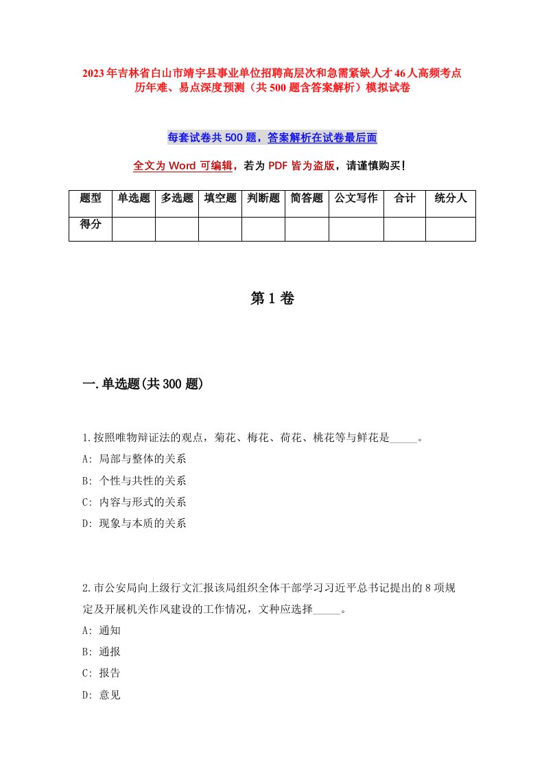 2023年吉林省白山市靖宇县事业单位招聘高层次和急需紧缺人才46人高频考点历年难易点深度预测共500题含答案解析模拟试卷