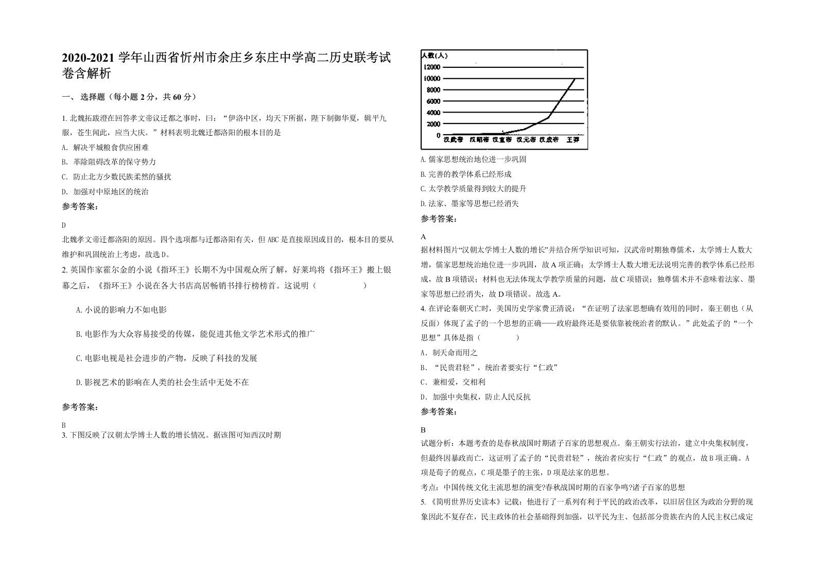 2020-2021学年山西省忻州市余庄乡东庄中学高二历史联考试卷含解析