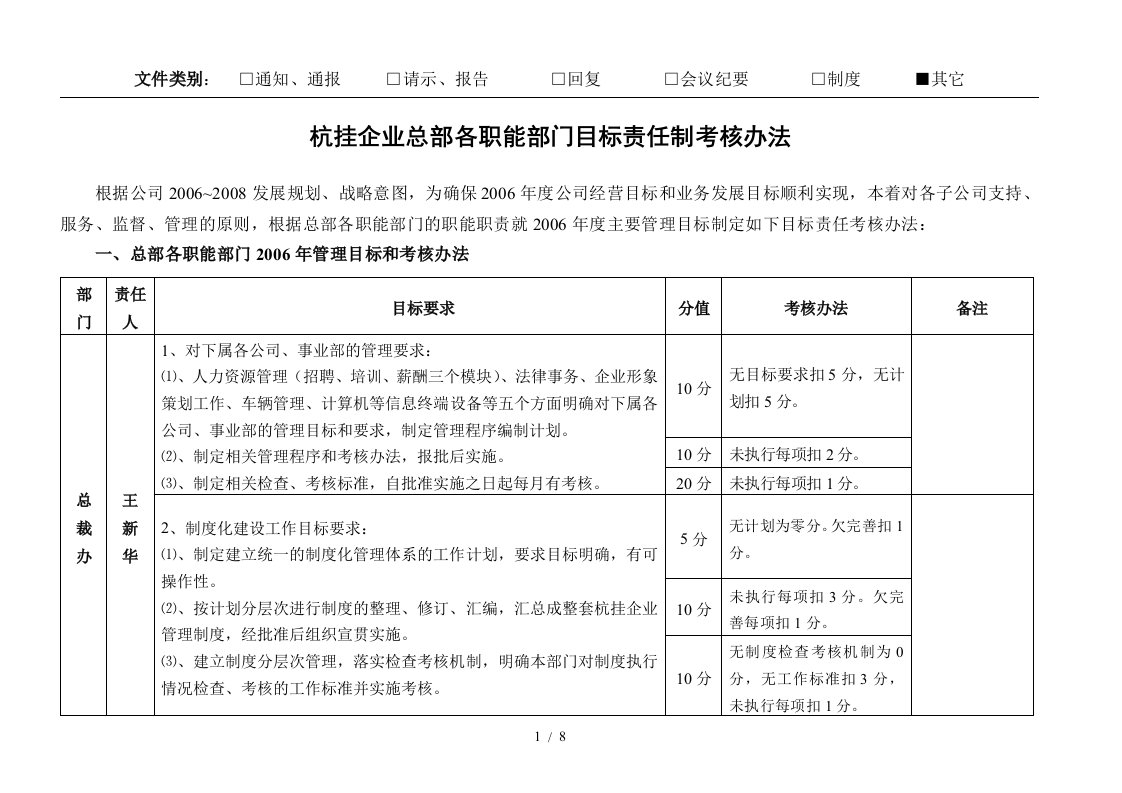 各职能部门目标责任考核办法[1]