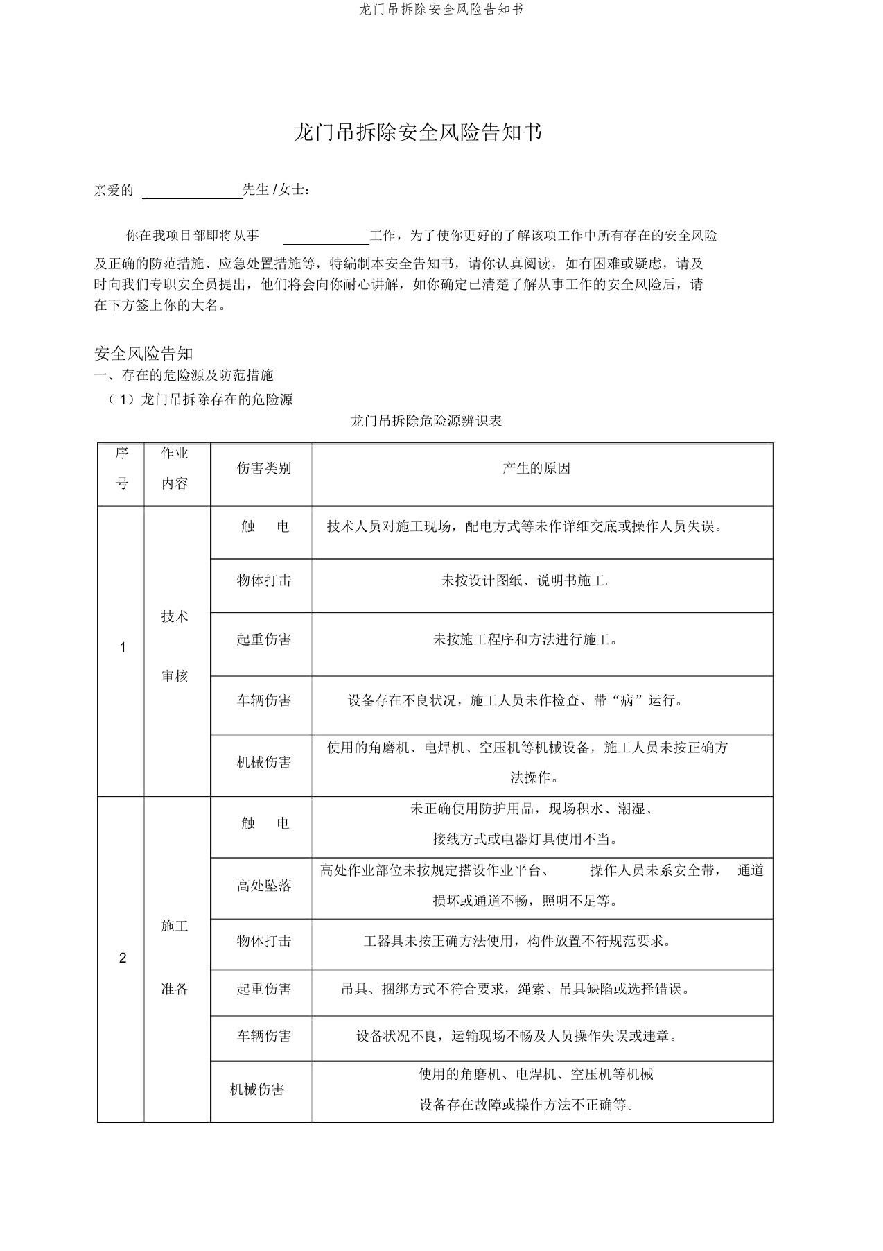 龙门吊拆除安全风险告知书