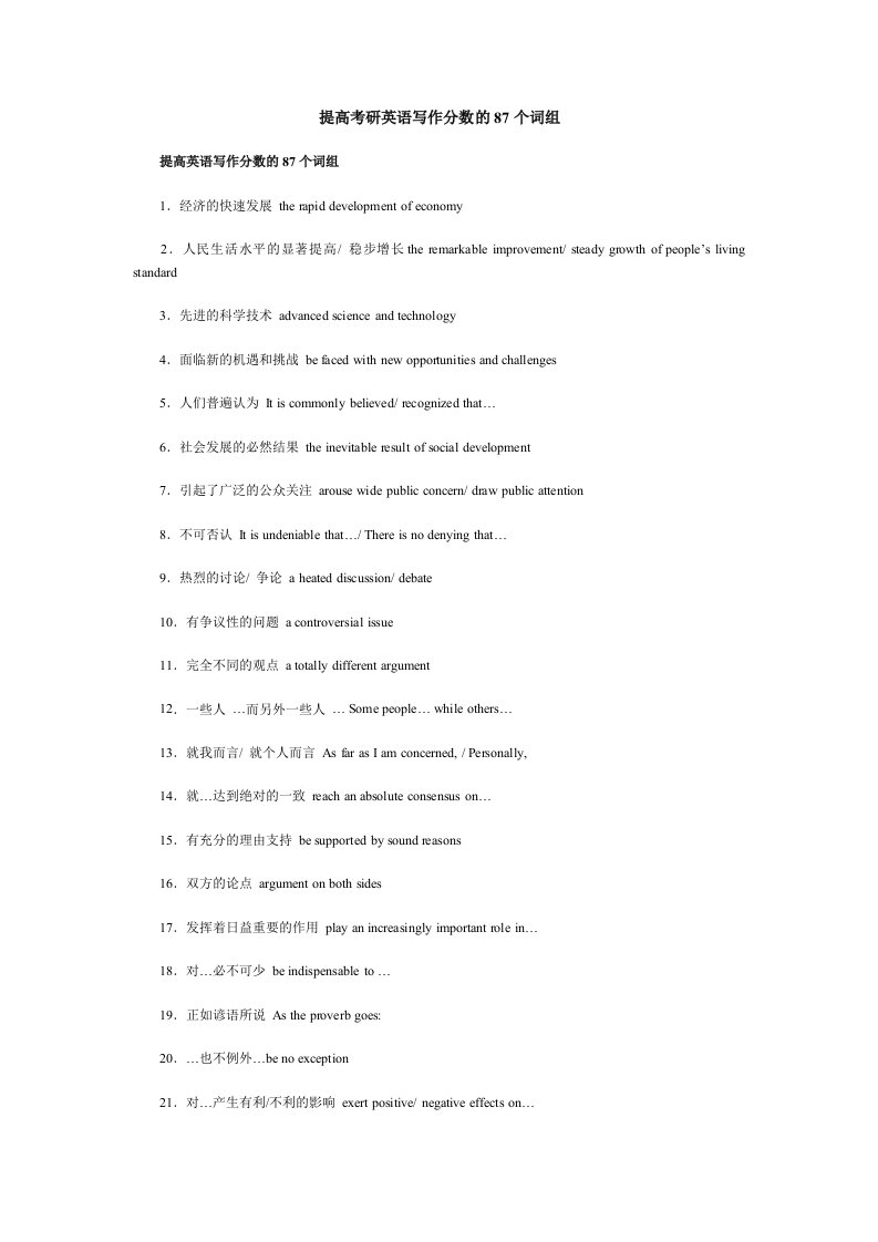 提高考研英语写作分数的87个词组